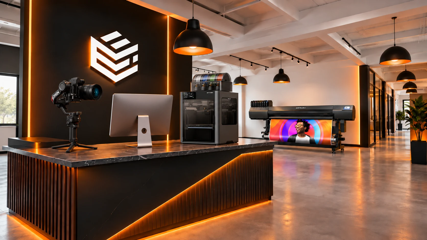 Illustrative virtual studio with design, printing, 3D printing and video equipment.